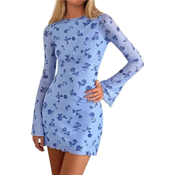 Women's Fashion Floral Long Sleeve Mini Dress Blue - Picture 1 of 6